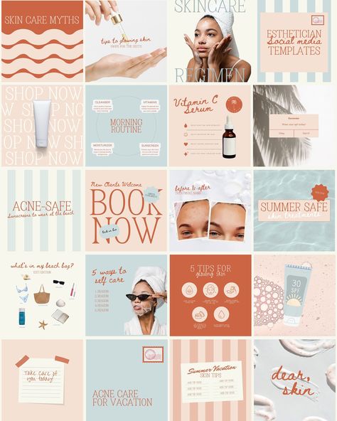 Social Media Templates 🌊💌🐚🫧🫶🏼 NOW AVAILABLE on my Etsy shop 🤭 link in bio !! #socialmediatemplates #socialgraphics #skincaregraphics #skingraphics #graphicdesign #estyshop #socialmediamarketing #esthetician #esti #estheticiansocial #skinaesthetic Esthetician Social Media, Social Media Summer, Skin Care Myths, Skincare Social Media, Social Media Branding Design, Summer Marketing, Marketing Graphics, Instagram Template Design, The Summer I Turned Pretty