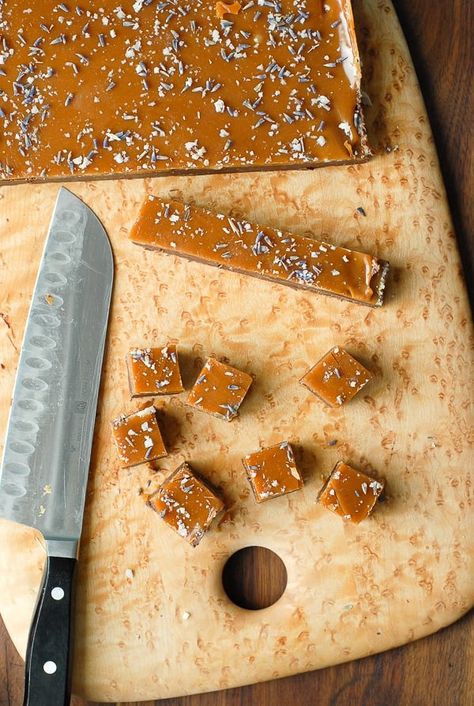 Chocolate Lavender Fudge with Salted Caramel Top Lavender Fudge, Lavender Dessert Recipes, Lavender Food, Lavender Dessert, Best Fudge Recipe, Salted Caramels, Lavender Recipes, Culinary Lavender, Caramel Topping