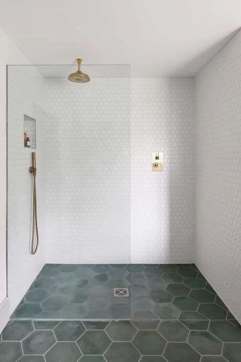 Green And White Bathroom, Green Hexagon Tile, Hexagon Tile Bathroom, Shower Tiles, Century Farmhouse, Shower Fittings, Green Flooring, Tile Flooring, Green Tile