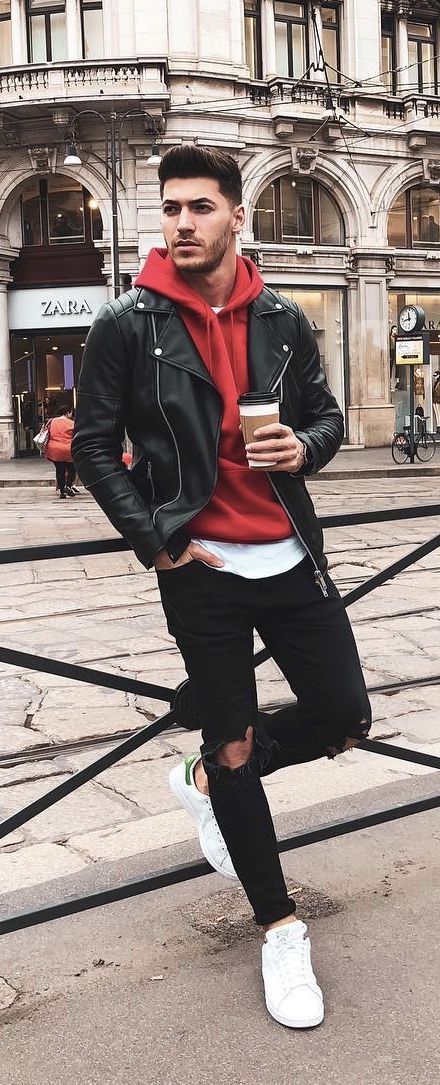 Black Adidas Superstar, Leather Jacket Outfit Men, Hoodie Outfit Men, Sneaker Outfits, Sneakers Fashion Outfits, Leather Jacket With Hood, Leather Jacket Outfits, Sweatshirt Outfit, Hoodie Outfit