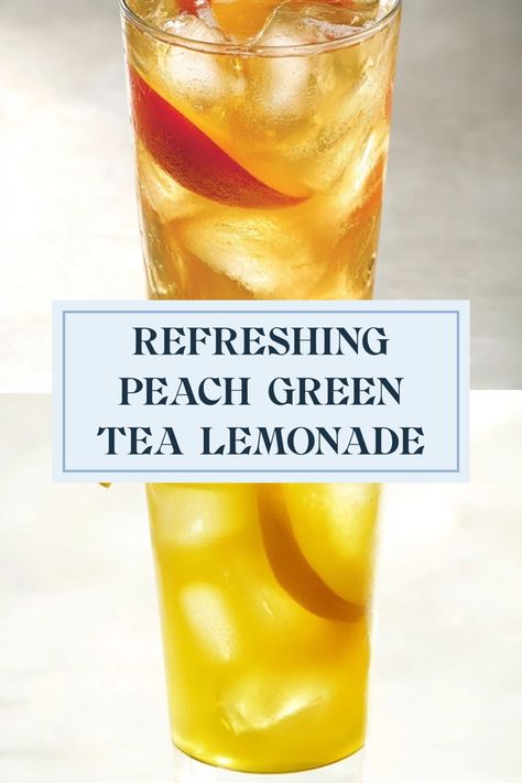 Cool off with Peach Green Tea Lemonade, a refreshing summer drink. This Pin features two vibrant images of the delicious lemonade ready to be sipped, perfect for any summer occasion. Peach Beverages, Cold Green Tea Recipe, Peach Green Tea Lemonade, Cold Green Tea, Green Tea Lemonade, Yummy Summer Drinks, Peach Green Tea, Green Tea Recipes, Iced Green Tea