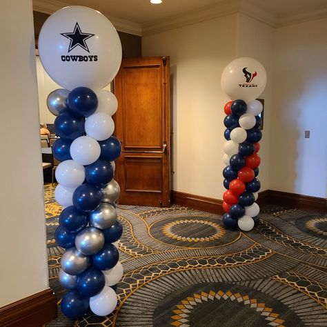 Classic balloon columns Dallas Cowboys Balloon Arch, Dallas Cowboys Balloon Garland, Football Balloon Decorations, Texas Balloon Arch, Dallas Cowboys Backdrop, Cowboy Balloon Arch Western Theme, Astros Balloon Garland, Football Balloon Arch, Eagles Party