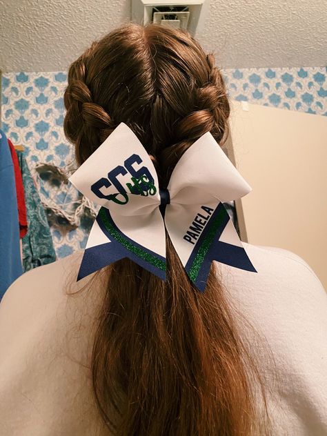 Cheer Hairstyles With Bows Ponies, Cheer Low Ponytail, Braid Into Low Ponytail Cheer, Cute Cheer Ponytails, Competition Hair Cheerleading, School Cheer Hairstyles With Bows, Comp Cheer Hairstyles, Cheer Low Pony, Low Ponytail Cheer Hair