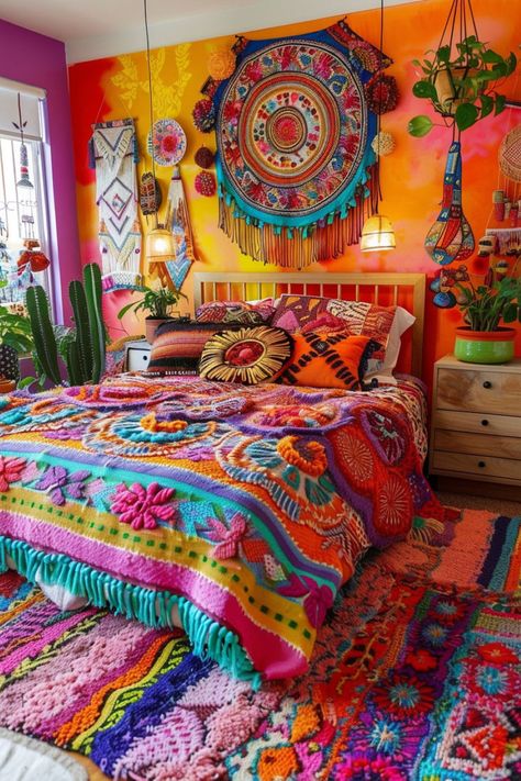 Rainbow color boho style bedroom Boho Home Decor Bedroom, Eclectic Boho Bedroom, Moss Walls, Colorful Room Decor, Boho Bedroom Design, Boho Style Bedroom, Hippy Room, Boho Bedroom Ideas, Casa Vintage