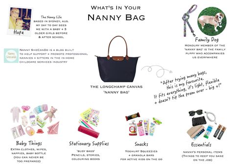 diaper bag, nanny mag Live In Nanny Tips, Nanny Bag Essentials, Pink Hygiene, Nanny Aesthetic, Nanny Crafts, Nanny Binder, Nanny Bag, Nanny Diaries, Babysitting Flyers