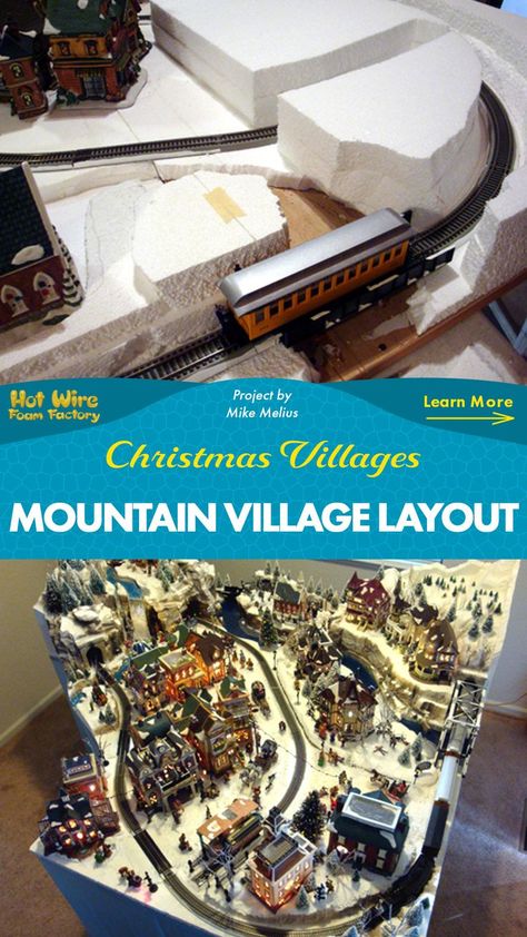 Diy Christmas Village Platform, Lemax Christmas Village Display, Village Layout, Village Mountain, Model Train Display, Christmas Tree Village Display, Diy Christmas Village Displays, Department 56 Christmas Village, Foam Factory