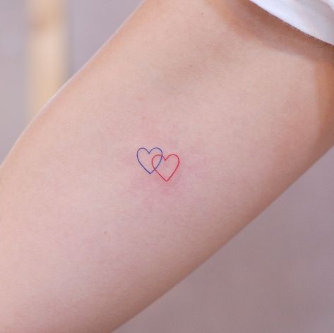 Red And Blue Heart Tattoo, Layered Heart Tattoo, Linked Hearts Tattoo, Minimal Heart Tattoo, Blue Heart Tattoo, Tattoed Heart, Purple Heart Tattoos, Two Hearts Tattoo, Love Heart Tattoo