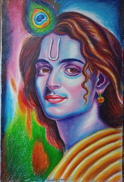 Krishna Oil Pastels Drawing, Realistic Oil Pastel Drawings, Oil Pastel Colour Drawing, Oil Pastel Art Portrait, God Drawings, Oil Pastel Portrait, Easy Portrait Drawing, 3d Rangoli, Bal Hanuman