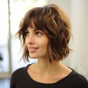 40 Best Shaggy Bob with Bangs Haircut Ideas Shaggy Bob With Bangs Round Faces, Short To Medium Haircuts With Bangs, Short Shag Bob Haircuts, Layered Shaggy Bob With Bangs, Med Hair With Bangs, Wavy Shaggy Bob, Shag For Wavy Hair, Messy Short Hair With Bangs, Medium Hair With Bangs Round Face