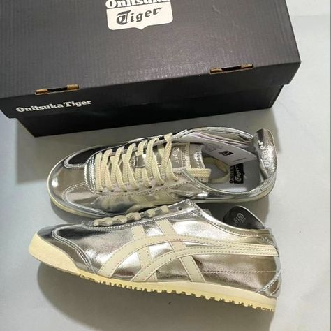 Onitsuka Tiger Mexico 66 Silver Off White Onitsuka Tiger Mexico 66 Silver, Onitsuka Silver, Mexico 66 Yellow, Asics Mexico 66, Off White Brand, Onitsuka Tiger Women, Tiger Shoes, Off White Shop, Silver Outfits