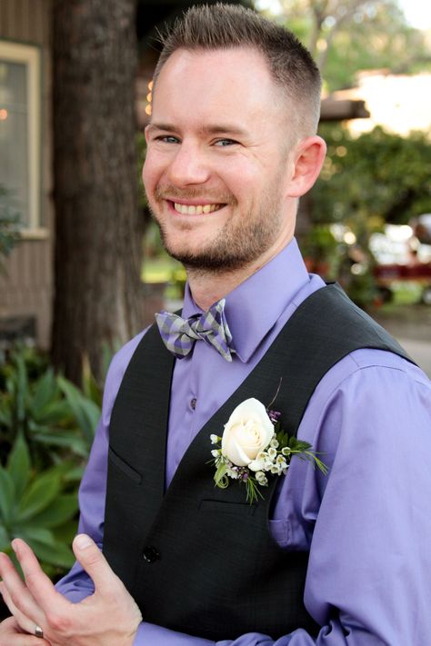 Groom Wearing White, Purple Groom, Whimsical Wedding Theme, White Rose Boutonniere, Mismatched Dresses, Wedding Vest, Purple Bow Tie, Groom Shirts, Rose Boutonniere