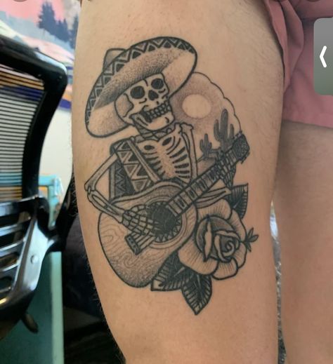 Mexican Cowboy Tattoos For Men, Mexico Country Tattoo, American Traditional Cowboy Skull Tattoo, Mexican Guitar Tattoo, Charro Skeleton Tattoo, Tato Tradisional, Chicano Tattoo, Unique Tattoos, Tattoo Design Drawings