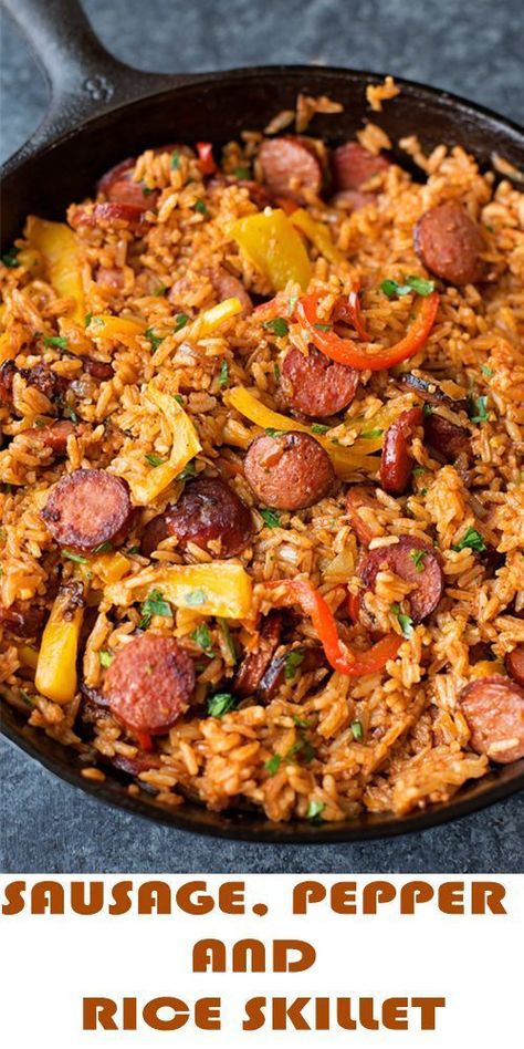 Smoky kielbasa sizzled with sweet bell pepper, onions and garlic in vibrant toma... #sausagerecipe Sausage Recipes Easy Sausage Recipes, Sausage Dinner, Smoked Sausage Recipes, Resepi Biskut, Crockpot Chicken And Dumplings, Kielbasa Recipes, Rice Skillet, Easy Crockpot Chicken, Sausage Dishes