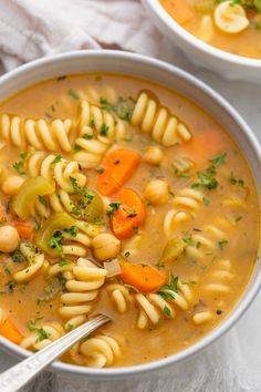 This Vegetarian Chickpea Noodle Soup is made with a few items and full of plant-based protein to keep you feeling full for hours - perfect even as a meal! | Healthy Soup | Chickpea Recipes | Easy Soup | #pasta #chickpeas #soup #healthyfood #feelgoodfoodie Soup Chickpea, Pasta Chickpeas, Chickpeas Soup, Chickpea Noodle Soup, Chickpea Noodle, Chickpea Recipes Easy, Soup Pasta, Vegetarian Soup Recipes, Vegan Soup Recipes