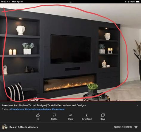 Dark Feature Wall Living Room Tv, Black Media Wall Living Room, Dark Media Wall Living Room, Black Media Wall With Fireplace, Media Wall Dark, Black Entertainment Wall With Fireplace, Built In Tv Wall Unit With Fireplace Black, Dark Grey Media Wall, Living Room Media Wall Black