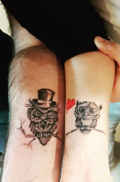 Couples Tattoos Animals, Matching Owl Tattoos Couple, Couple Owl Tattoo, Owl Family Tattoo For Women, Couples Owl Tattoos, Meaningful Couple Tattoos, Owl And Woman Tattoo, Creative Couple Tattoos, Couple Tattoos Ideas