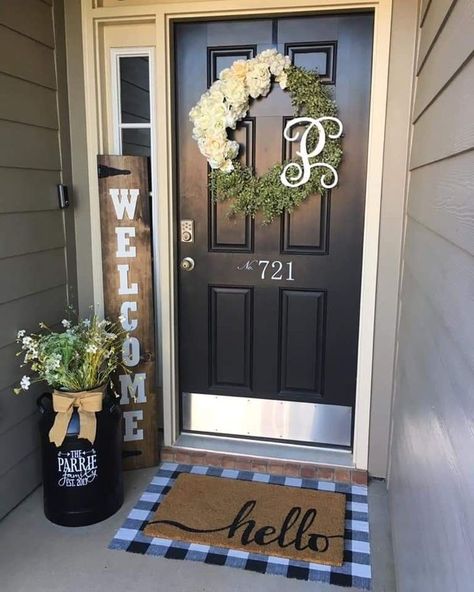 Farmhouse Front Door, Farmhouse Front Porches, Farmhouse Front, Fall Front Porch, Front Porch Decorating, Welcome Mat, Porch Decor, Front Door Decor, Personalized Family