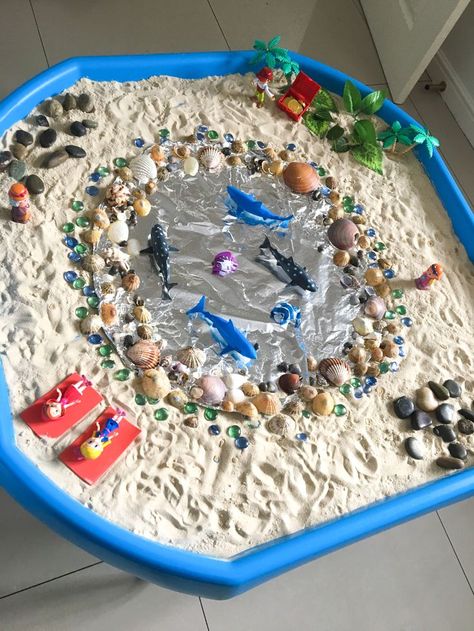 Ocean / beach themed sensory play tray. Tuff Tray Ideas Toddlers, Tuff Tray Ideas, Tuff Spot, Eyfs Activities, Nursery Activities, Childcare Activities, Tuff Tray, Tray Ideas, Sensory Table