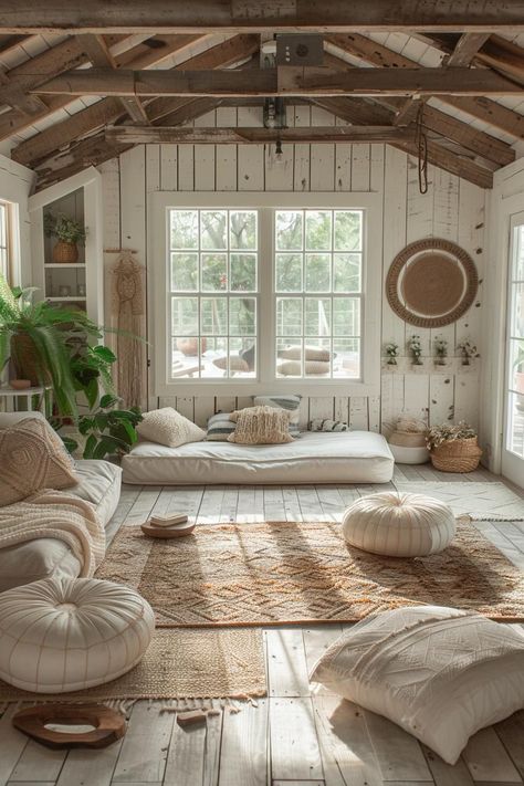 Cabin Shed Interior, She Shed Gardening, Cozy Shed Interior, Boho She Shed Interior Ideas, Boho She Shed Interior, She Shed Library, She Shed Ideas Interior Small Spaces, Sheshed Ideas Interior, She Shed With Loft