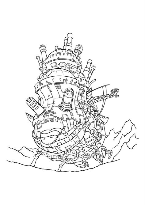 Howls Moving Castle Coloring Pages, Howl's Moving Castle Drawing, Howls Moving Castle Drawing, Studio Ghibli Coloring Pages, Ghibli Coloring Pages, Sketch Castle, Ghibli Coloring, Howl's Moving Castle Tattoo, Coloring Pages Simple