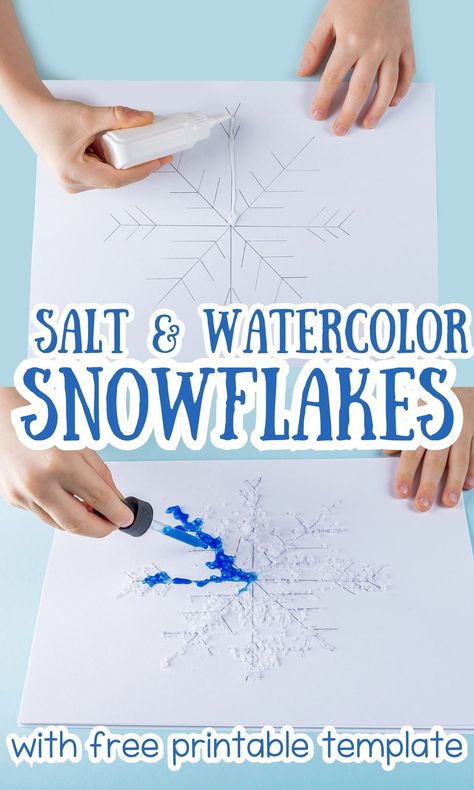 Watercolor Salt Snowflake Art with Free Printable Template - In The Playroom Icicle Template Free Printable, Salt Painting Snowflakes, Watercolor Snowflake Art, Salt Snowflake Art, Snowflake Watercolor Paintings, Snowflake Patterns Printable, Snowflake Template Printable Free, Snowflake Art Projects For Kids, Salt Crystal Snowflakes