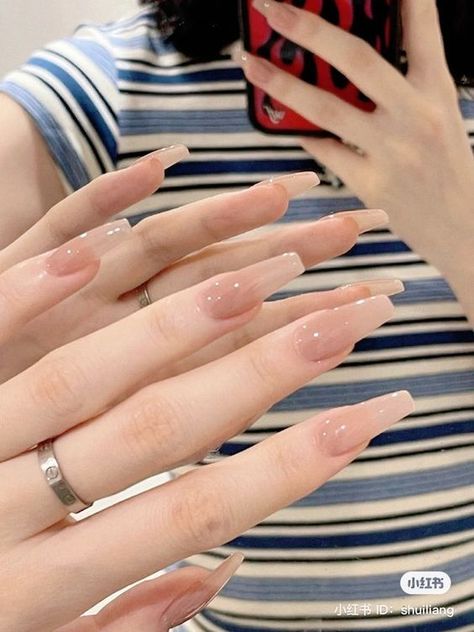 Glossy Clear Nails, Korean French Tip Nails, Nude Colors Nails, Beachy Nails, Milky Nails, Asian Nails, Nude Nail Designs, Blush Nails, Pretty Gel Nails