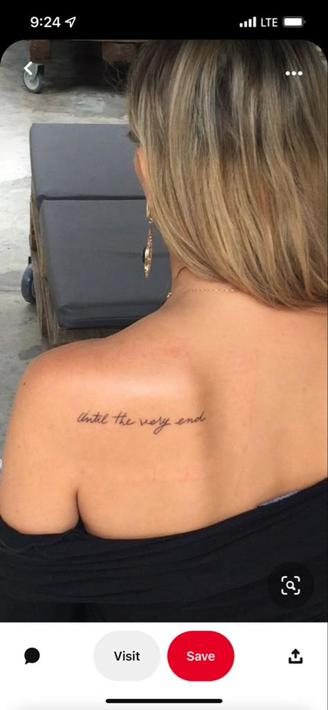 Writing Tattoos On Shoulder, Back Shoulder Tattoo Writing, Upper Back Quote Tattoo, Back Of Neck Quote Tattoo, Tiny Neck Tattoos For Women Words, Text Tattoo On Shoulder, Wording Tattoos Placement, Upper Back Script Tattoo, Simple Back Shoulder Tattoo