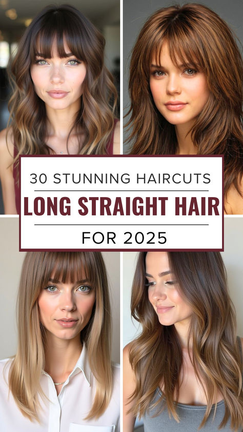 A collage showcasing 30 stylish haircut ideas for long straight hair in 2025, featuring soft layers, curtain bangs, and sleek modern styles for a chic and elegant look. Perfect inspiration for trendy hairstyles! Fine Straight Long Hair Haircuts, 20 Year Old Haircut, Straight Low Maintenance Haircut, C In Haircut, Long Hair Layers No Bangs, Ladies Long Haircut, Layered Haircuts For Thick Straight Hair, Layers Haircut Unstyled, Layered Hair For Long Hair Straight