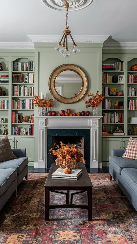 Enhance your fireplace with these built-in bookcase ideas, perfect for adding seasonal fall décor to your living room! Bookshelves Near Fireplace, Library Around Fireplace, Cupboards Around Fireplace, Fireplace Library Bookshelves, Adding Bookshelves Around Fireplace, Fireplace Surrounded By Bookshelves, Green Living Room Built Ins, Built In Bookshelf Around Fireplace, Built In Bookshelves Next To Fireplace