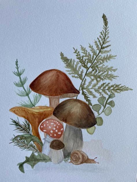 Mushroom Paintings Acrylic, Mushroom And Fern Drawing, Mushroom Watercolor Art, Watercolour Mushroom Paintings, Watercolor Mushroom Tutorial, Mushroom Watercolor Paintings, Watercolor Mushroom Painting, Watercolour Mushroom, Painting Mushrooms