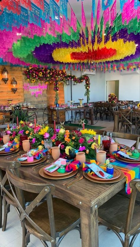 Mexican Hacienda Theme Party, Mexican Christmas Party Decorations, Mexican Decorations Party Fiestas, Latino Birthday Party Ideas, Mexican Xv Decorations, Mexican Chic Decor, Frida Kahlo Quinceanera Theme, Colorful Quinceanera Theme, Mexican Style Birthday Party