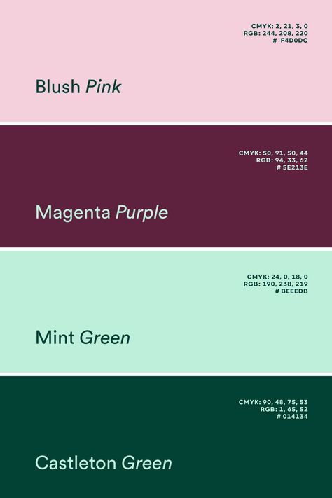 This is a luxurious and elevated color combination fusing lush pink, magenta, mint green and pine to create a divine color palette. #branding #brand #logodesign #brandingdesign #graphicdesign #logo #colorpalettes #colortrends #pantone #brandcolors Mint Green Branding Palette, Green Pink Pallet Color, Mint Pink Color Palette, Mint Green Color Pallete, Mint Green And Pink Color Palette, Color Palette With Mint Green, Mint Pallete Color, Magenta And Green Color Palette, Magenta Green Color Palette