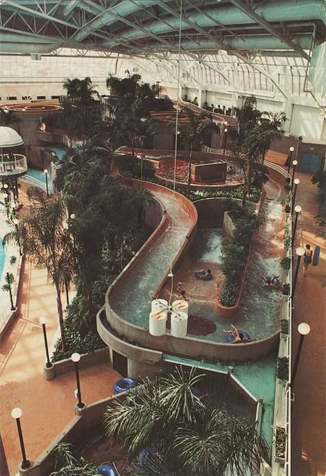 biodome waterpark Indoor Water Park, Indoor Waterpark, Indoor Swimming, Jolie Photo, Brutalism, Retro Futurism, Water Slides, Oh The Places Youll Go, Pretty Places