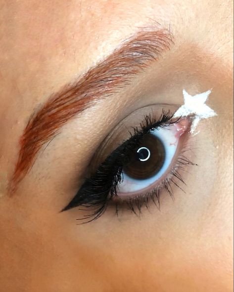 Simple nuetral eyeshadow with a black winged liner and a white star in the inner corner Eyeliner With Inner Corner, Star Makeup Inner Corner, White Star Inner Corner Makeup, White Black Eyeliner, White Star Eyeliner, White Eyeliner Designs, White And Black Makeup Looks, Star Inner Corner, Simple Black And White Makeup