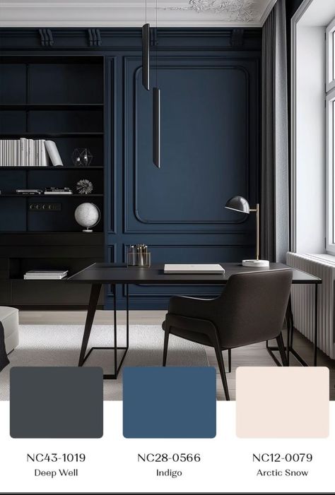 #bedroomdecor #walldecor #homedecor #interiordesign #decorinspiration #bedroominspo #diyhomedecor #designideas #interiorstyling Office Ideas Blue, Dark Blue Office Walls, Blue Wall Office, Living Room Dark Blue, Modern Classic Office, Dark Blue Office, Wardrobe Internal Design, Blue Home Office, Blue Home Offices