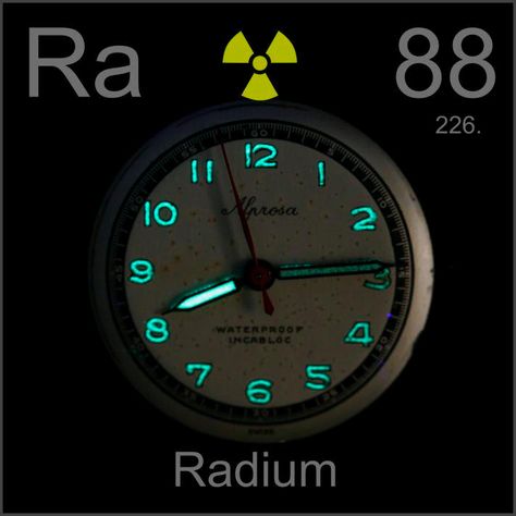 Broken wristwatch, a sample of the element Radium in the Periodic Table Periodic Table Poster, Radium Girls, Luminous Paint, Chemical Elements, Periodic Table Of The Elements, Boiling Point, The Periodic Table, Antique Watch, Melting Point