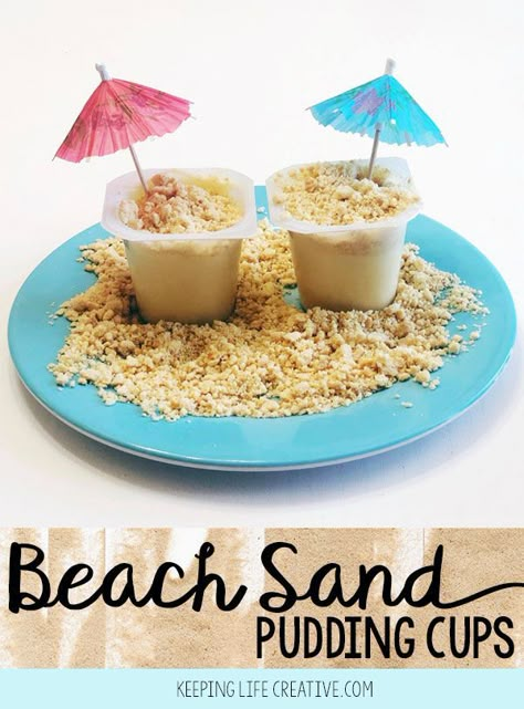 Beach Sand Pudding is such a simple and fun treat! Layer cookie “sand” with pudding to create a beach-themed snack to enjoy on a summer day, or anytime! Ocean Theme Snacks, Church Potluck Dishes, Beach Theme Food, Beach Theme Desserts, Ocean Snacks, Sand Pudding, Beach Treats, Theme Snack, Ocean Food