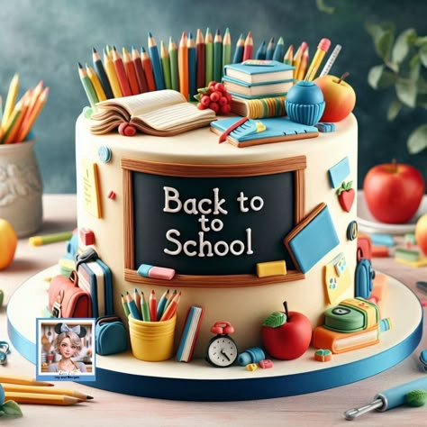 Back To School Cake Ideas, First Day Of School Cake, Teacher Birthday Cake, Back To School Cake, Teachers Day Cake, School Cakes, One Tier Cake, School Supplies Cake, Teacher Cakes