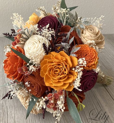 2 Bridesmaids, Wooden Flower Bouquet, Orange Champagne, Toss Bouquet, Flower Fall, Wood Flower Bouquet, Wrist Corsages, Round Bouquet, Burnt Orange Weddings