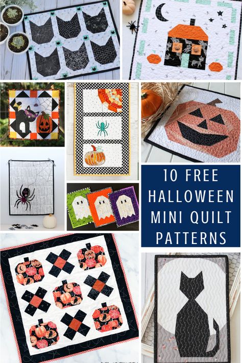 10 Free Halloween Mini Quilt Patterns - Sewing With Scraps Free Halloween Patterns, Mini Quilt Patterns Free, Halloween Quilt Blocks Free Pattern, Free Halloween Quilt Patterns, Halloween Quilts Ideas Free Pattern, Free Mini Quilt Patterns, Halloween Quilts Ideas, Goth Quilt, Halloween Mini Quilts Wall Hangings