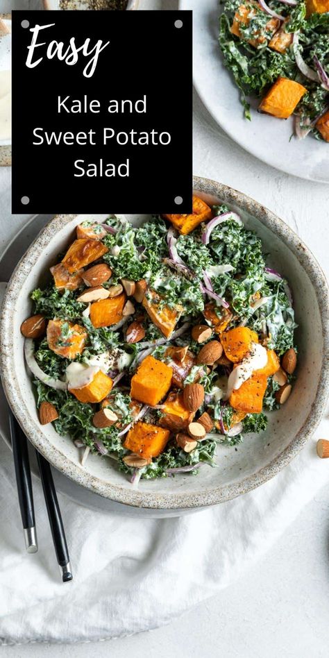 My Kale and Sweet Potato Salad is a simple to prepare dish that is so delicious. It has great texture and fantastic fresh flavour. A salad base of kale, sweet potato and almonds are tossed with a light, creamy dressing seasoned with fresh lemon juice and mustard. This Kale Salad makes the perfect side dish for your next gathering, barbecue or potluck Kale And Sweet Potato Salad, Sweet Potato Kale Salad, Potato Kale Salad, Kale Sweet Potato Salad, Salad Base, Kale Sweet Potato, Complicated Recipes, Sweet Potato Salad, Leafy Salad