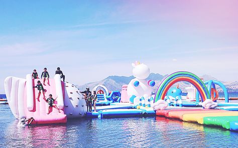 That Viral Unicorn-Themed Inflatable Water Park Could Be Coming To A Beach Near You+#refinery29 Unicorn Island, Unicorn Floaties, Inflatable Island, Inflatable Water Park, Giant Inflatable, Pool Floats, Waterpark, Floating In Water, Magical Creatures