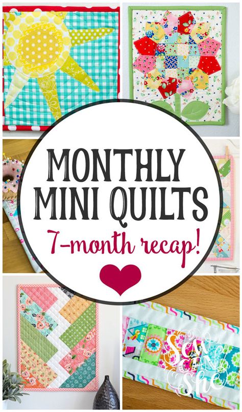 Monthly Mini Quilt Series Recap - 7 free mini quilt patterns! Mini Quilts Patterns Free Simple, Mini Quilt Patterns Wall Hangings, Mini Quilt Patterns Free, Wall Hanging Quilt Patterns, Free Mini Quilt Patterns Wall Hangings, Free Mini Quilt Patterns, Mini Quilts Patterns Free, Miniature Quilts Patterns Free, Beginner Mini Quilt Pattern