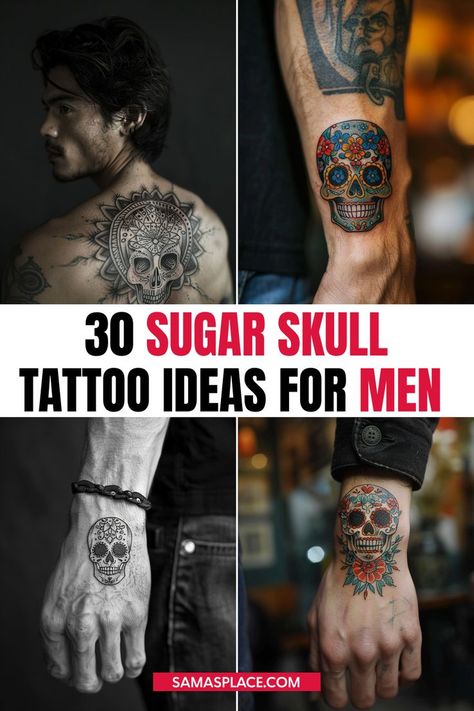 Sugar skull tattoo ideas for men, symbolizing life and heritage with colorful, detailed designs Black And White Sugar Skull Tattoo, Day Of The Dead Tattoo Men, Skeleton Tattoos Men, Skull Shin Tattoo, Dia De Los Muertos Tattoo Ideas Men, Evil Skull Tattoo Design, Skull Tattoo Design For Men, Skull Tattoo Ideas For Men, Skull Tattoo For Men