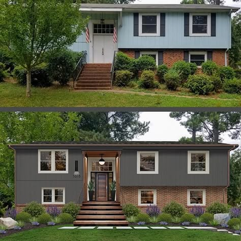 Split Home Exterior, Bilevel House Landscaping, Bilevel House Exterior Curb Appeal, Split Level Exterior Update, Rock Foundation House, Brick Split Level Exterior, Raised Ranch Exterior Curb Appeal, Modernized Split Level Exterior, Raised Ranch Remodel Exterior Front Entrances