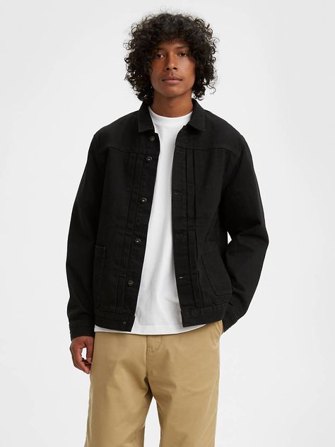 Type Ii Worn Trucker Jacket - Black | Levi's® US Denim Jacket Black, Black Levis, Black Shade, Recycled Denim, Trucker Jacket, Pretty Men, Shades Of Black, Metal Buttons, Western Wear