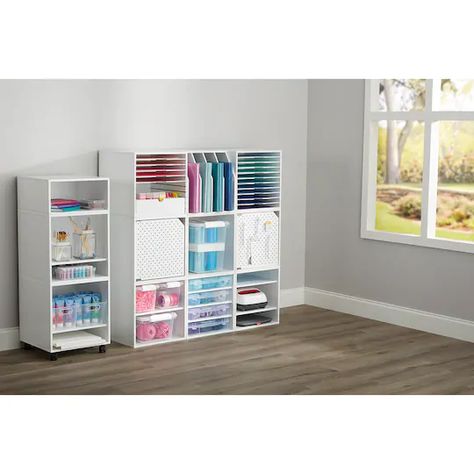 Modular Cube with Shelf by Simply Tidy™ | Michaels Cricut Office Organization, Organizing Kids Craft Supplies, Scrapbook Room Designs, Closet Cube Organizer Ideas, Small Sewing Room Ideas Layout, Small Cricut Workspace, Yarn Room Ideas, Small Craft Room Ideas Diy, Cricut Office Space