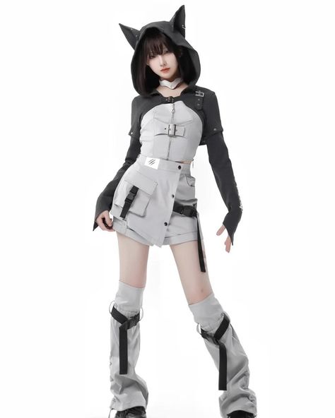 🤩Futuristic Techwear vibes fashion outfits. 🛒Set1: cropped top, slip dress and leg warmers. 🛒Set2: cropped top, leg warmers, strapless top and skort. 👉Search 'AEP-S-1623 on devilinspired.com #devilinspired #futuristic #futuristicfashion #techwear #techwearlooks #fashionoutfit Kawaii Hoodies, Kawaii Sweatshirt, Steampunk Fashion Male, Wolf Ears, Gothic Skirts, Gothic Shoes, Gray Wolf, Punk Accessories, Kawaii Hairstyles