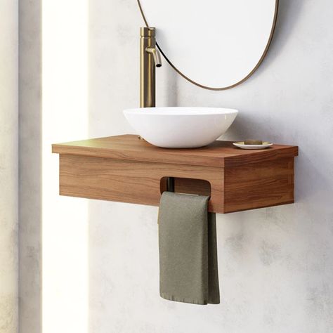 24" Thaxton Teak Wall-Mount Vessel Vanity with Towel Bar - Natural Teak Vanity With Towel Bar, Floating Vanity Bathroom, Teak Bathroom Vanity, Teak Bathroom, Powder Room Sink, Floating Sink, Vessel Sink Vanity, Teak Vanity, Small Toilet Room