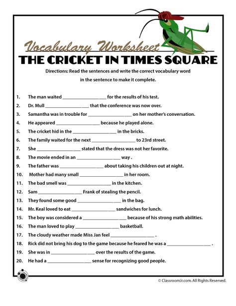 A set of worksheets and a vocabulary word list to accompany teaching the classic children's book The Cricket in Times Square. Teacher Worksheets Lesson Plans, Cricket In Times Square, Book Craft, Elementary Learning, Classic Childrens Books, Literature Circles, Classic Book, Word Definitions, Vocabulary Worksheets